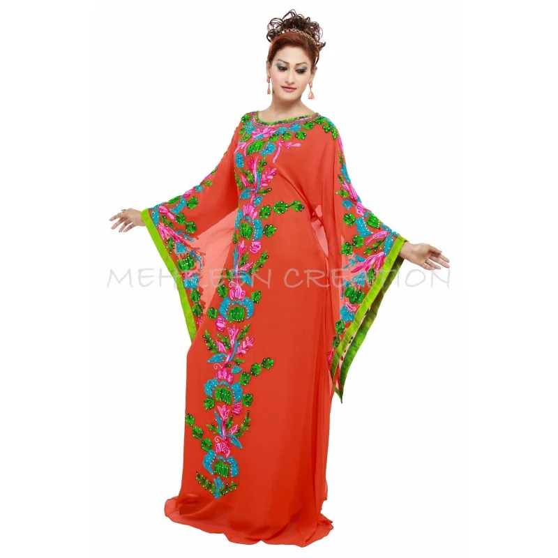 Orange Royal Machine Embroidery Kaftan Farssa Abaya Jalabiya Wedding Dress Fashion Trends In Europe and America