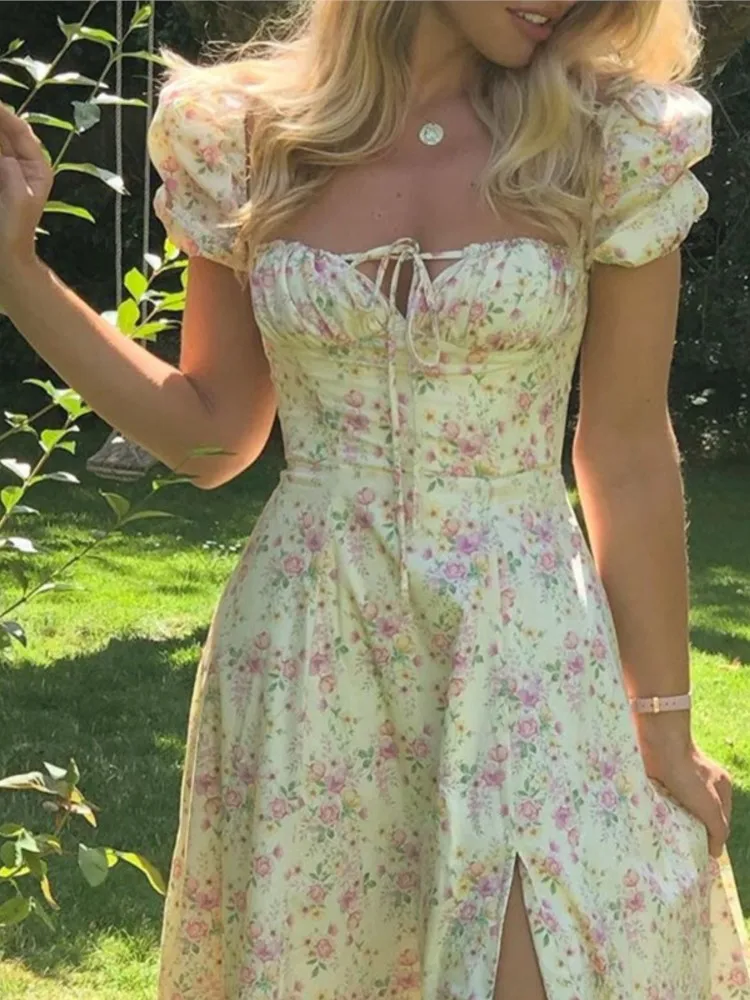 

2026 French Dress Vestido Slim Dresses For Ladies Woman Summer Women's Clothing Slit Short Sleeves Printed Floral Print Contrast