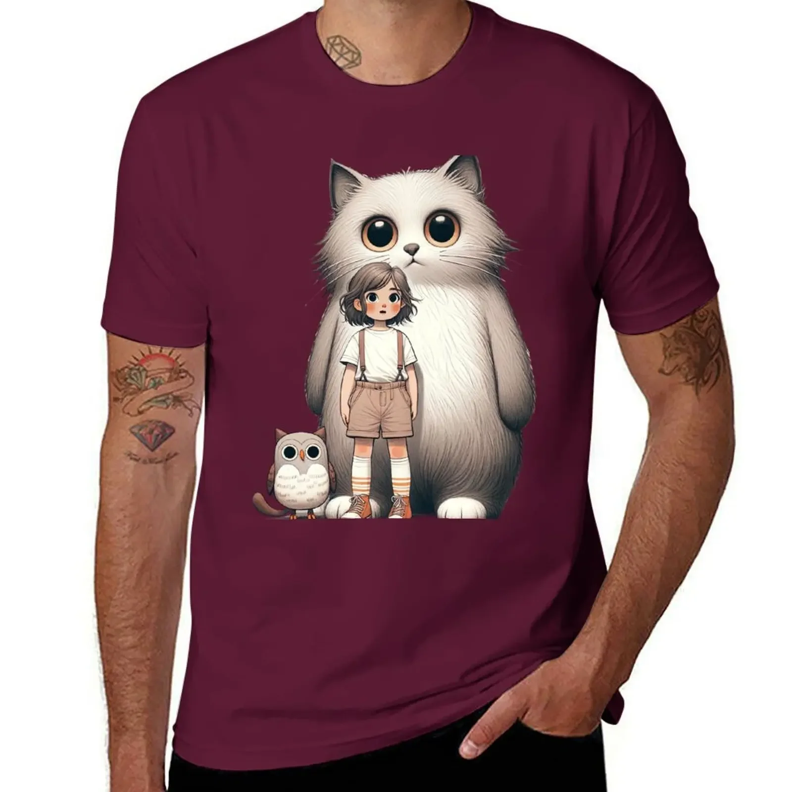 Anime Adventure-menina com Majin gato e coruja gráfico t-shirt, roupas vintage, secagem rápida