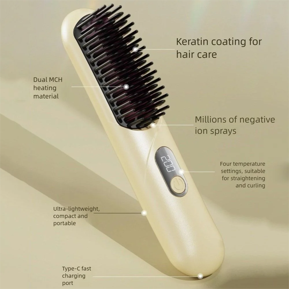 Wireless Hair Straightener Brush 4000mah Curly/straight Hair Dual Use Electric Straightening Comb Heated USB Rechargeable