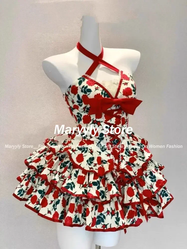 Summer Sweet Lolita Princess Dress Women Vintage Elegant Bow Flower Print Party Mini Dress Female Hot Girl Sexy Slim Strap Dress