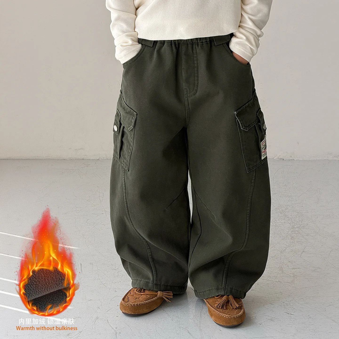 Children Clothing Fashion Casual Versatile Fleece Pants 2026 Winter New Korean Style Casual Pocket Design Sense Wide Leg Pants