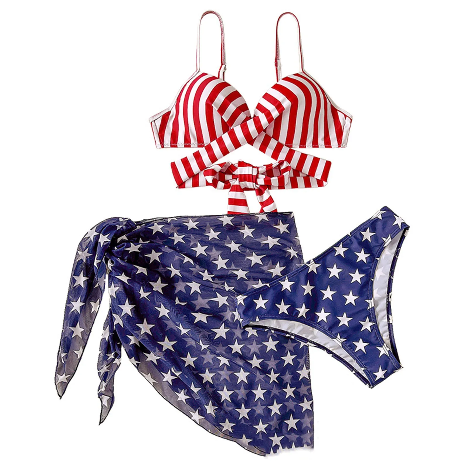 3 Pieces Bikini 2024 Women's Sexy Swimsuit Bikini Set Independence Day American Flag Printed Bikinis Push Up Female Bathing Suit