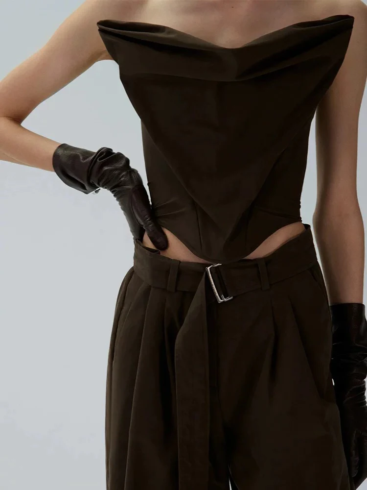 Spodnie damskie Dwuczęściowe zestawy Seksowny brązowy drapowany gorset bez ramiączek Top + spodnie Garnitury Spodnie Party Wieczór Celebrity Set