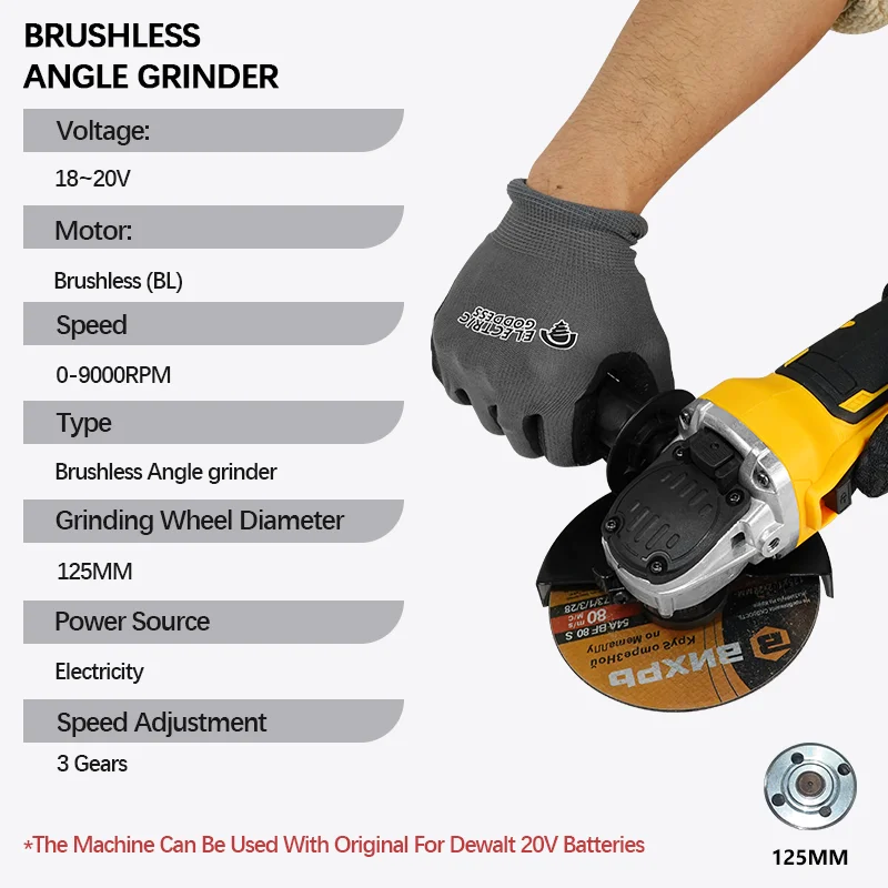 125mm Cordless Angle Grinder Brushless Electric Metal Sander Handheld Cutting Machine Power Tools For DEWALT 20V Batteries