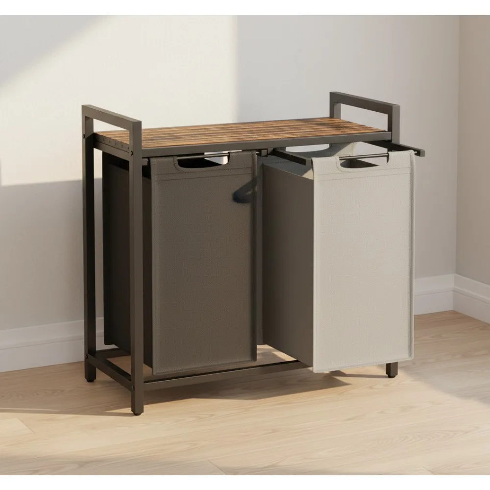 

Корзина-сортировщик для белья с 2 отделениями и съемными моющимися сумками, полкой для хранения, коричневый в деревенском стиле для организации дома