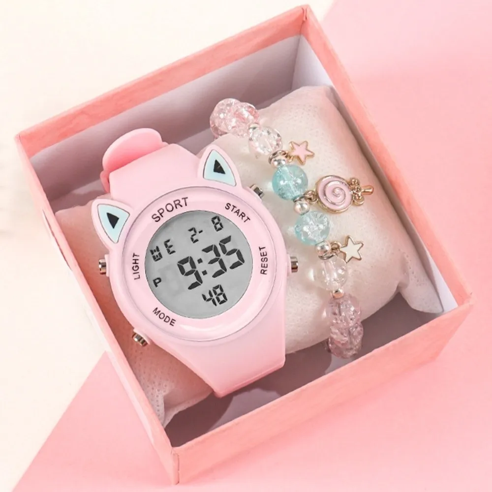 Fashion Silicone Kids Watch with Bracelet Comfortable Digital Watch Cat Ears Lightweight Children's Watch for Students