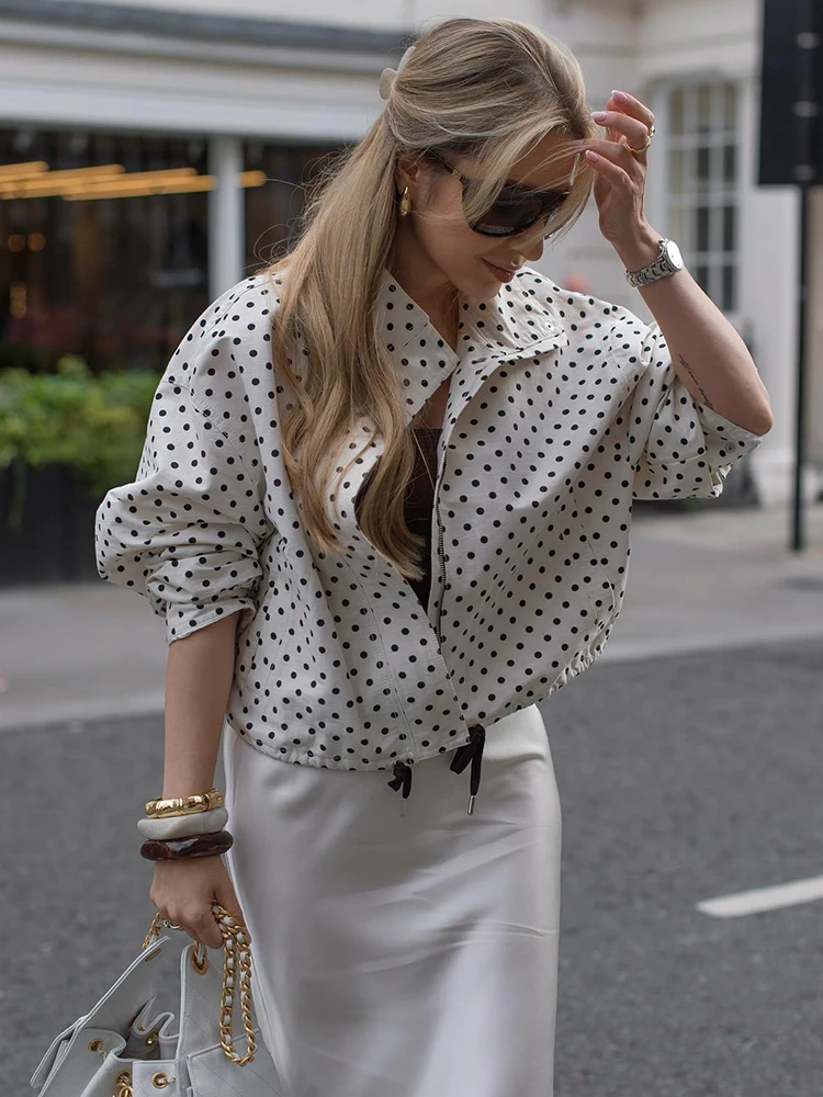 

Осень 2026, женская свободная новая верхняя одежда, повседневная куртка в горошек для женщин, пальто с длинными рукавами и воротником-стойкой на шнурке