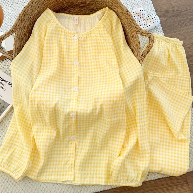 

Japanese Plaid Pajamas Large Size Homewear Women's Spring Autumn Long-Sleeved Trousers Pure Cotton Gauze Homewear Two-Piece Set