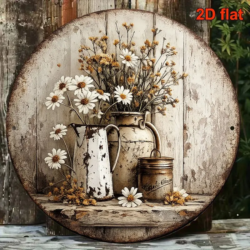 2D Flat - 1pc 8*8In/20X20Cm 2D Flat Round Sign, Vintage Plaque about Daisy Bouquet, Country Farmhouse Style Decorative Sign, Sui