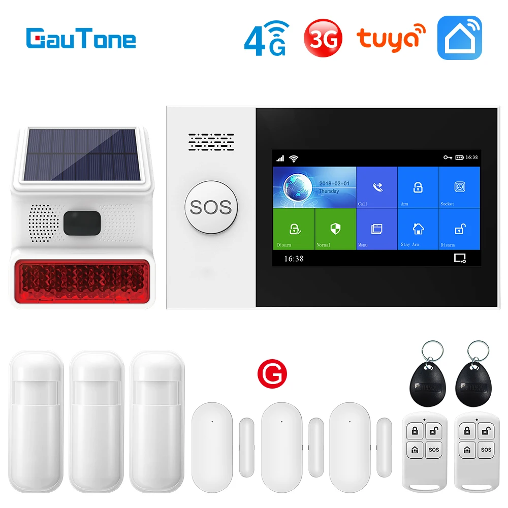 GauTone PG107 WiFi 4G sistema de alarma para seguridad del hogar con sirena Solar inalámbrica PIR compatible con Control remoto Tuya