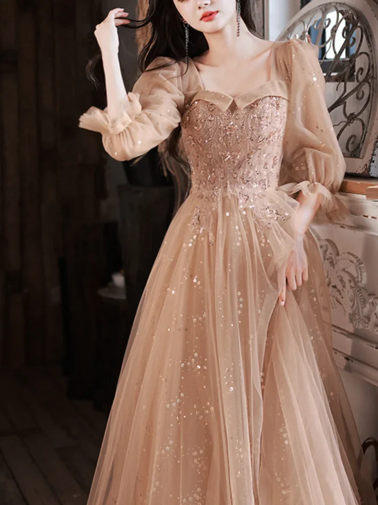 Customized 2024 Spring Summer Party Dress Square Collar Long Puff Sleeve Evening Dress Sequined Appliques Mesh Tiered Design Pro