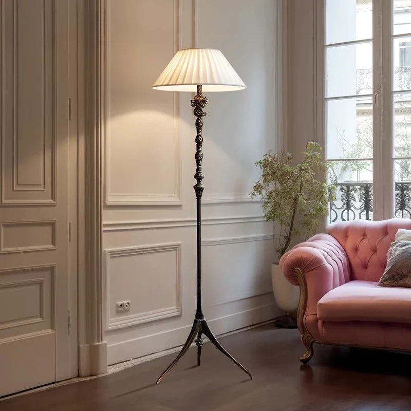 French antique floor lamp, vertical atmosphere lamp next to sofa in living room, bedroom study, advanced sense of retro