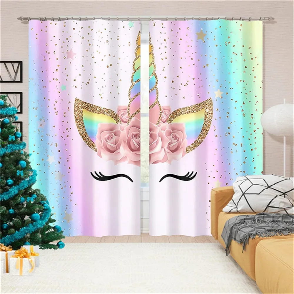 Unicorn Printed Blackout Curtains Rainbow Star Rose Unicorn Design Window Drapes for Kids' Room Bedroom Living Room Home Decor