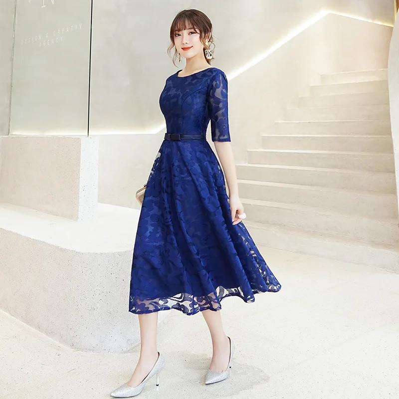 Navy Blue Bridesmaid Dress Lace Tea Length Formal Party Gown For Ladies