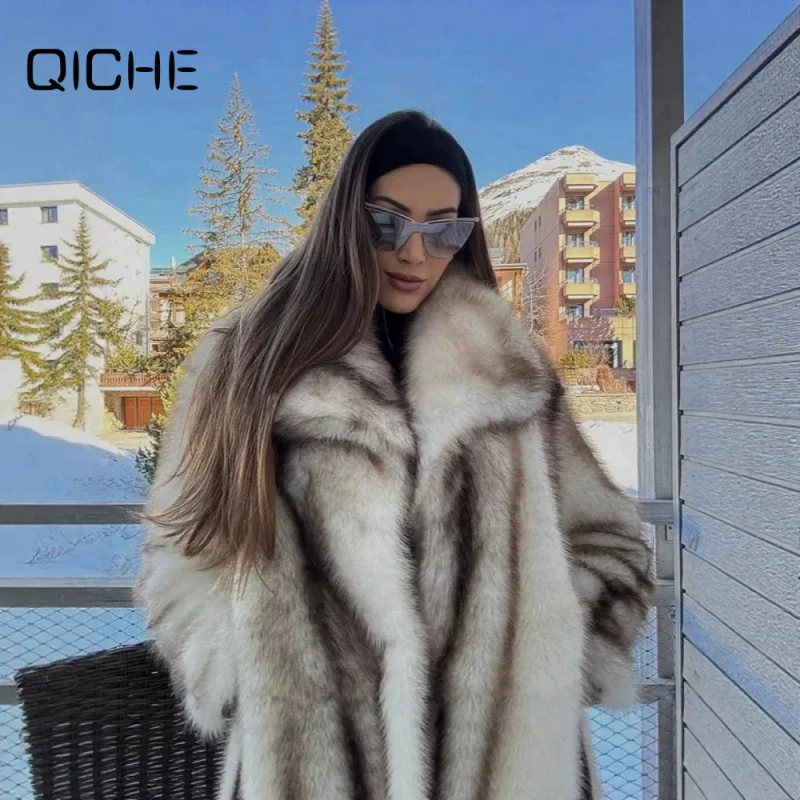 QICHE Women Striped Faux Fur Coat New Autumn Winter Finnish Style Furry Outerwear Warm Casual Fashion Jacket
