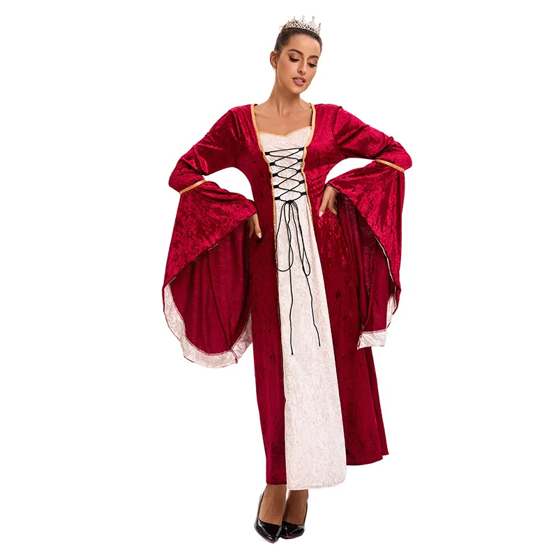 أزياء الهالوين الذهبية المخملية بحزام الجرس Sve ميدي الدكتور خمر العصور الوسطى طول الأرض الملابس النسائية المرحلة زي #4