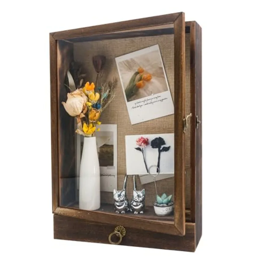 

Deep Shadow Box Frame Drawer and Soft Line Back, Wooden Display Case Memory Box Real Glass for Keepsakes Collections, Medals, B