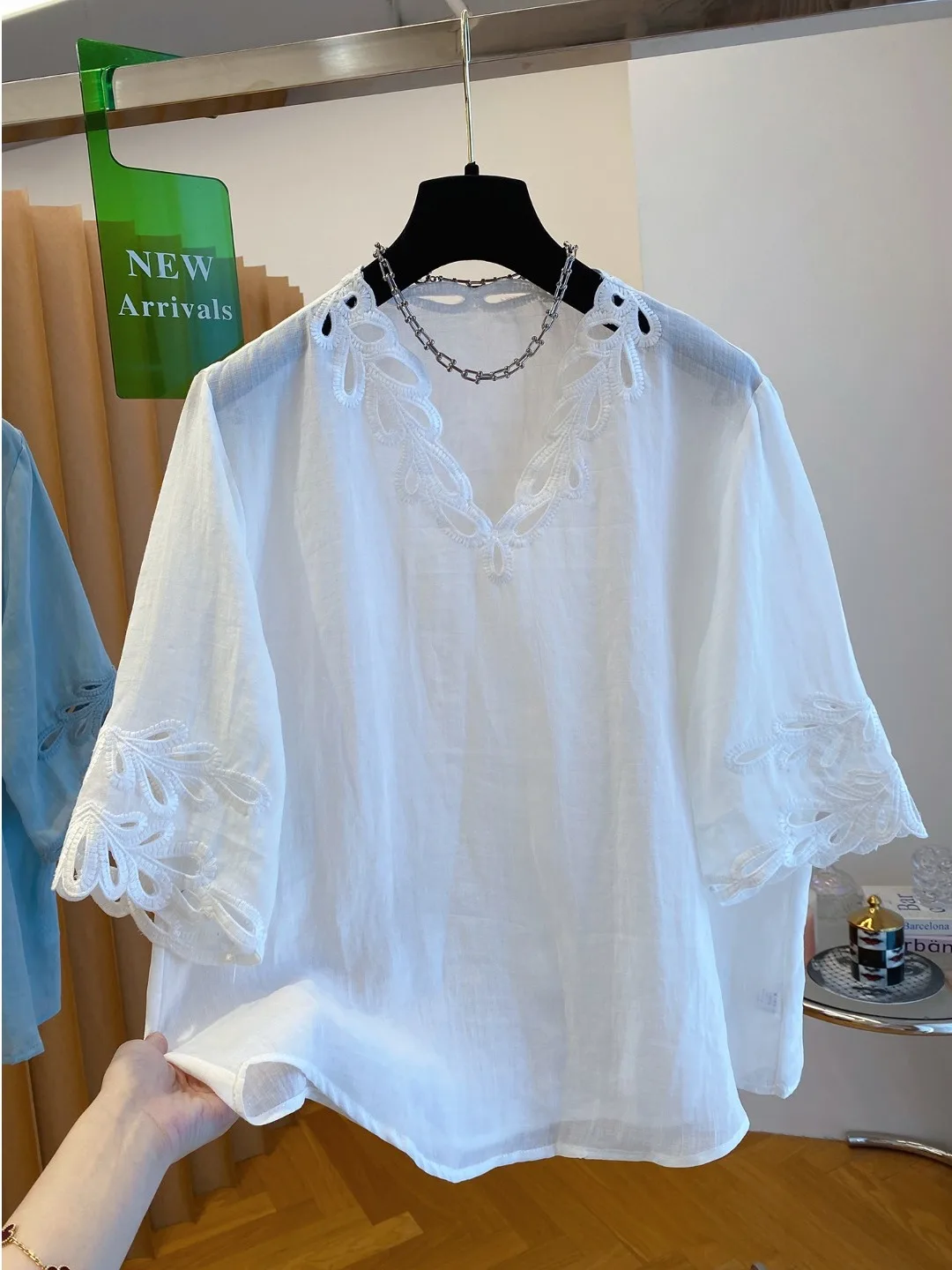 Csa de Lino Hoada Única para Mujer, Manga Corta, Azul, Moderna, Top Pequeño, Corte Recto Vintage, Largo Regular, Color S...