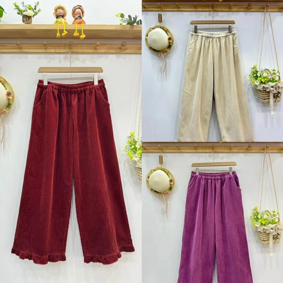 Autumn Winter Sweet Solid Color Corduroy Pants Women Elastic Waist Casual Pants