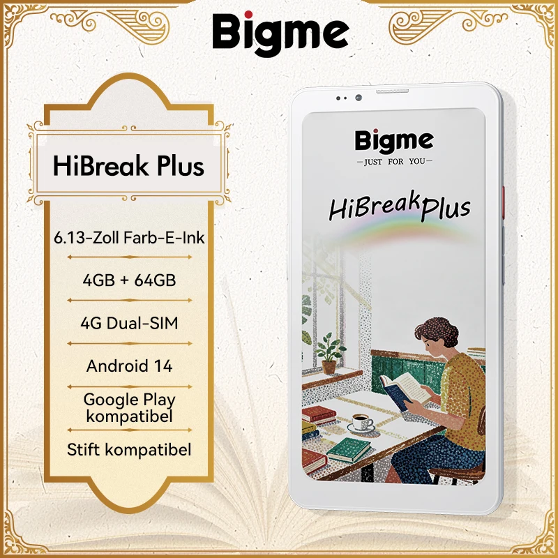 Bigme Hibreak Plus Farb-E-Ink E-Reader, 6,13'' 53FPS, Duale Kamera, 4G Dual SIM, Android 14, 4GB+64GB, Optionaler Stylus, Augenschonender E-Book-Reader