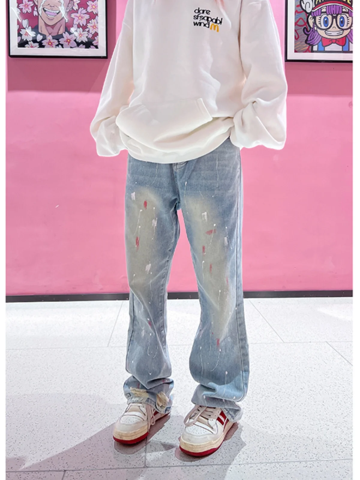 

Retro American Splatter Design Men's Straight Leg Jeans Waed out Long Pants Casual Loose Fit Fem Trendy Hip Hop Sle