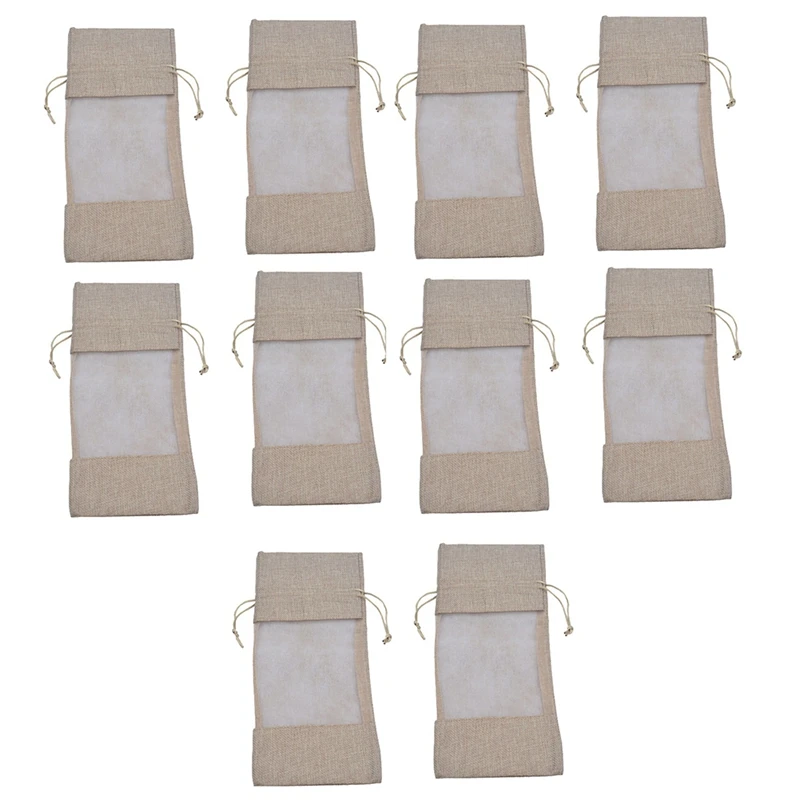 10Pcs Burlap Wine Bottle Bags Wine Bags With Sheer Window Hessian Drawstring Gifts Bags For Wine Tasting Party Favors