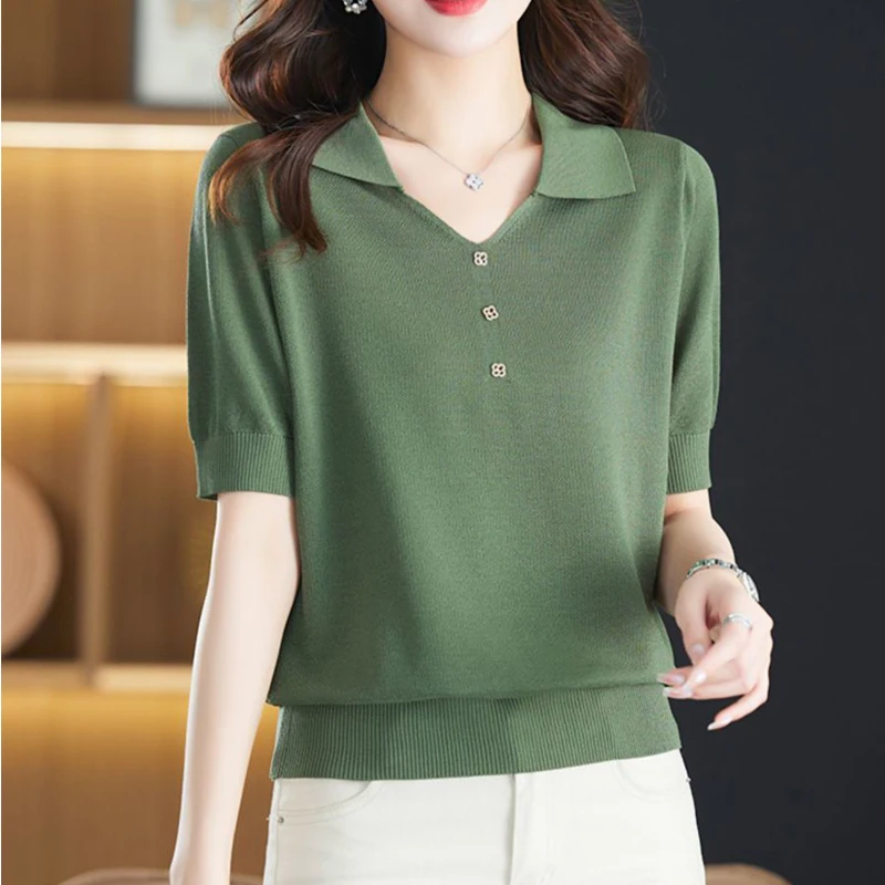 Women\'s Clothing 2023 Summer Korean Fashion Elegant Ice Silk Knitted T-shirt Solid Color V Neck Short Sleeve Loose Pullover Tops