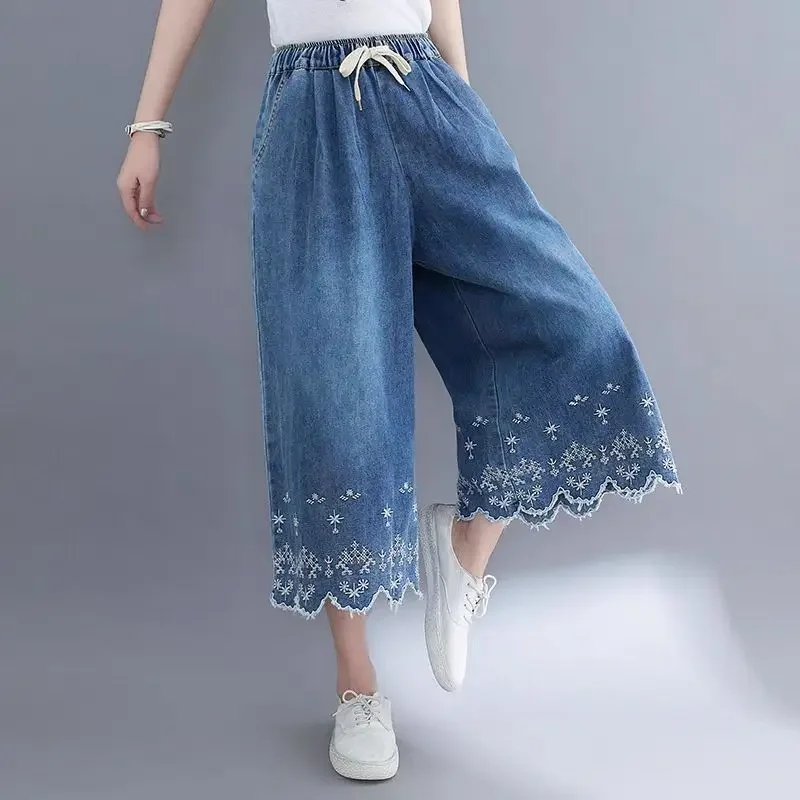 

Women Wide-legged Pants Denim Short Pants Embroidery Casual Trouser Woman Clothing High Waisted Loose Fit Casual Solid Design