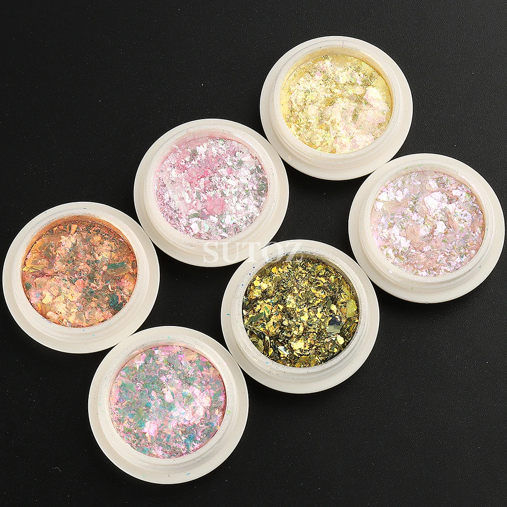 Pink Opal Nail Flakes Iridescent Glitter Aurora Chrome Powder Gold Foils for Nails Chameleon Pigment Manicure Paillette LEBB-ONB