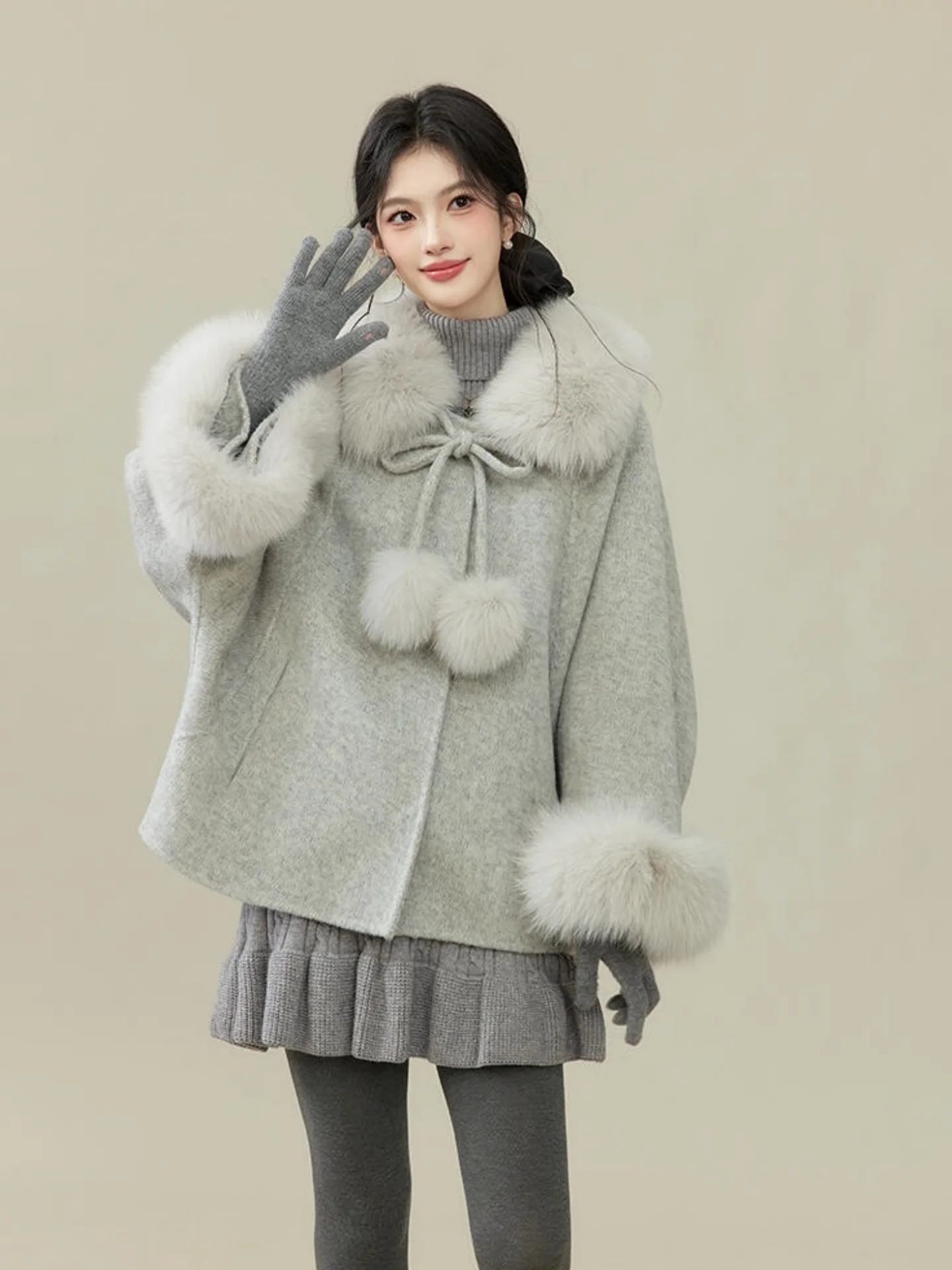 

Thiened Cotton ey Woolen Coat with Fur Collar Korean Sle Straight Cut Long Sve Knot Mid-Length Autumn Wint...