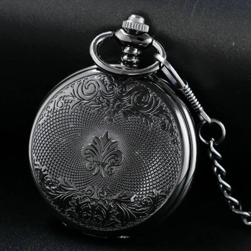 Men's double-open case black wings design mechanical pocket watch, skull case Roman digital mechanical pocket watch