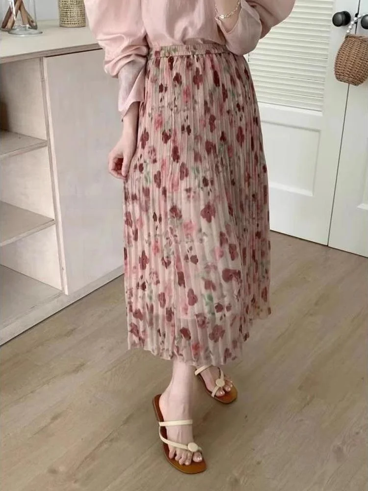 Artistic Pleated Midi Skirt High Waist Slimming A-Line Half-length Vintage Style Spring Summer New Arrival Women's Fashion