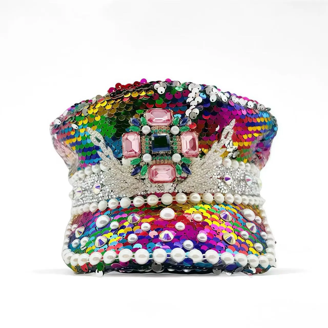 HongLuan Disco Glitter Colourful Sequin Steampunk Captain Hat for Music Festival Woman, Military Accessories & Military Cap Man