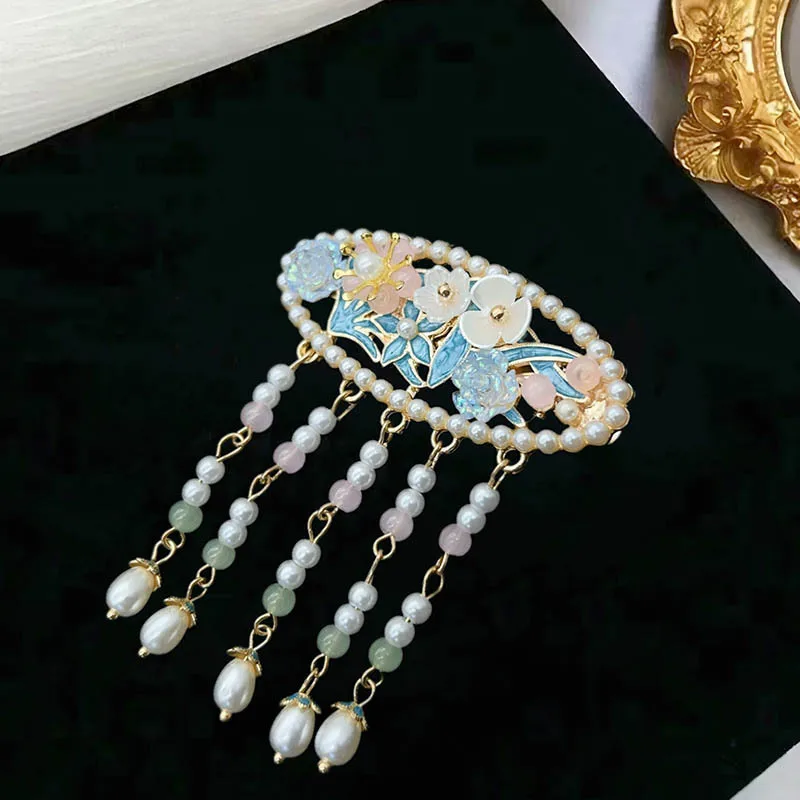 

Новые заколки для волос с эмалированными цветами в китайском стиле, аксессуары для волос с жемчужной кисточкой в древнем стиле, зажимы с бахромой, зажимы для челки, ханьфу