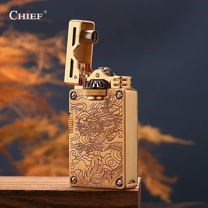 CHIEF High-end Luxury Retro Keroseine Lighter Windproof Side Sliding Wheel Exquisite Relief Tangcao Line High-end Men