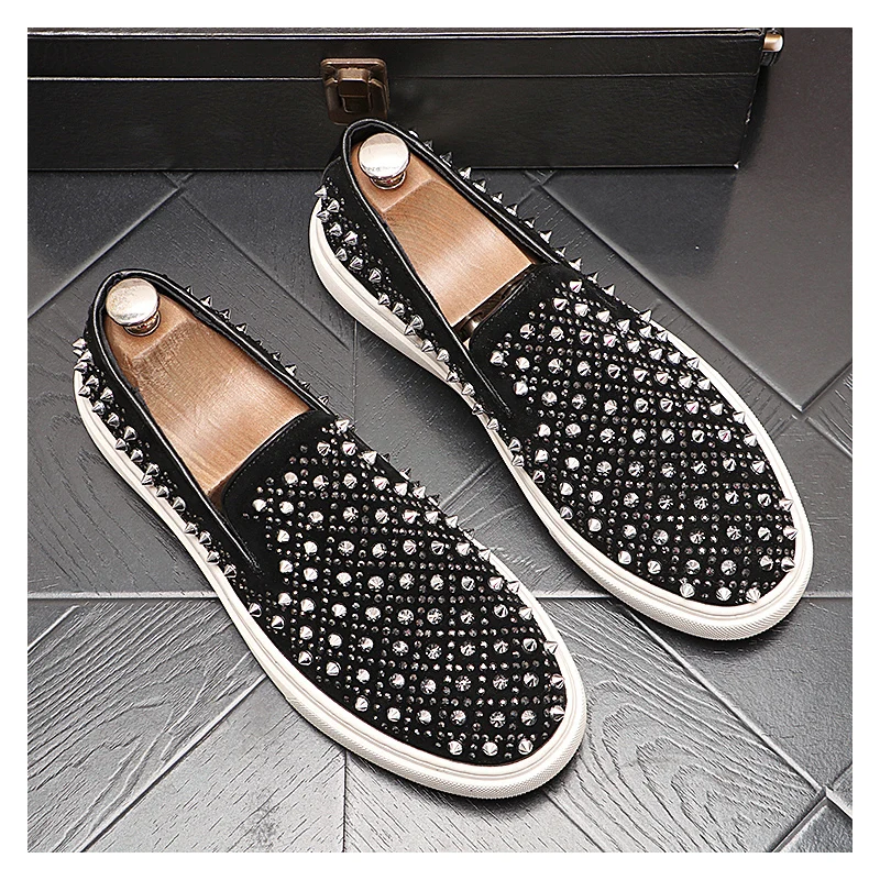 mens casual party nightclub rivets shoes slip-on spikes studded shoe cow suede leather flats platform loafers designer footwear