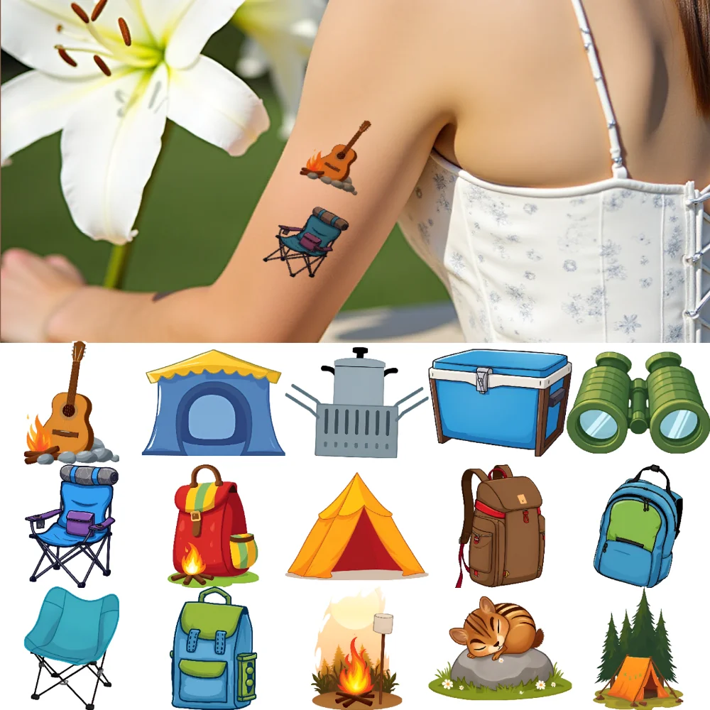 

63pcs Temporary Tattoo Lantern Temporary Tattoo Stickers Tree Guitar Cartoon Camp Camping Chair For Girls Arms Cheeks