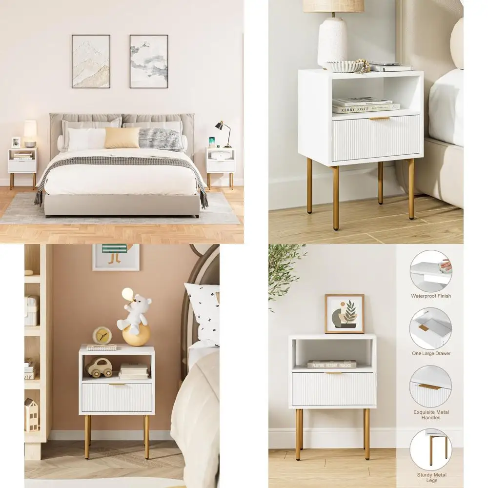 

Contemporary White Bedside Table with Drawer and Shelf, Gold Frame Accent, Ideal for Compact Spaces