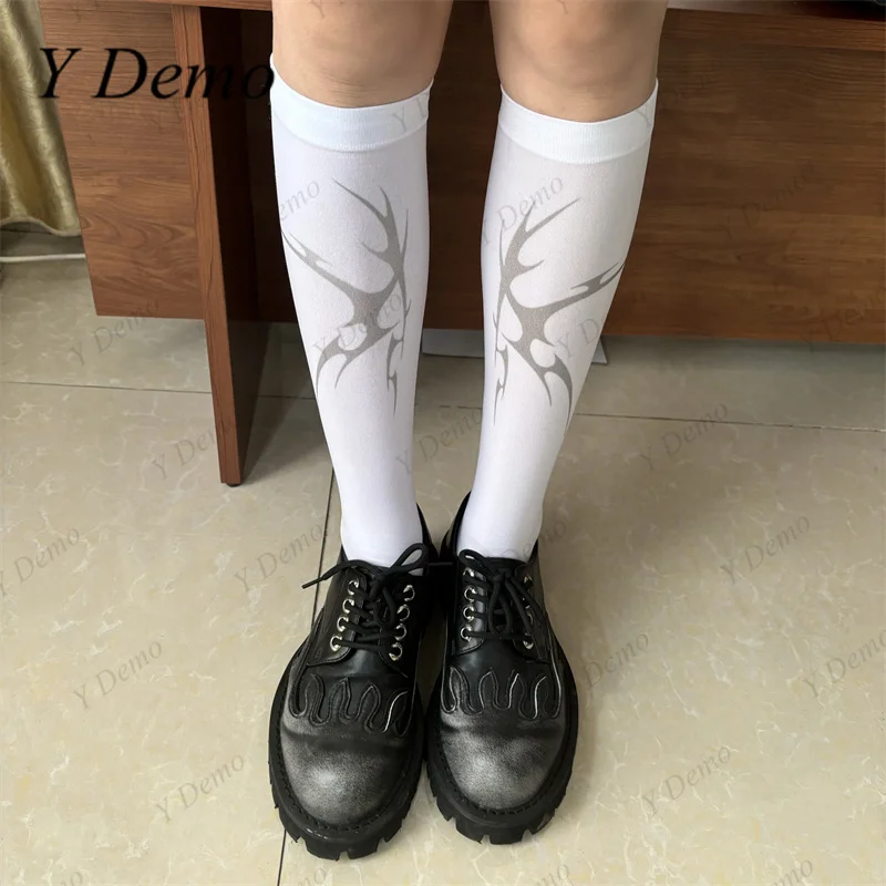 Y Demo Techwear Thorns Printing Summer Thin Middle Tube Socks Women Slim Y2k White Stockings