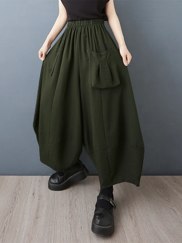 Verão solto calças de perna larga casual nove pontos cintura elástica modelo fino ket design lanterna calças plus size roupas femininas