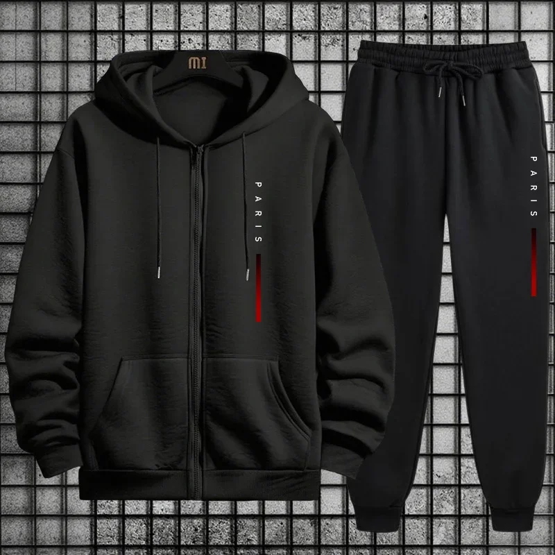 Paris Fashion Print Mens Casual 2 Piece Set 2026 New Zipper Hoodies Sweatpants Streetwear Tracksuit Autumn Winter Sporty Outfits