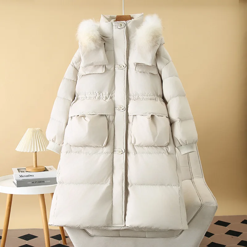 Plus Size Women Winter Down Coat Loose Thickening Real Raccoon Fur Collar x-long Hooded 50% White Duck Down Warm Jacket 2706