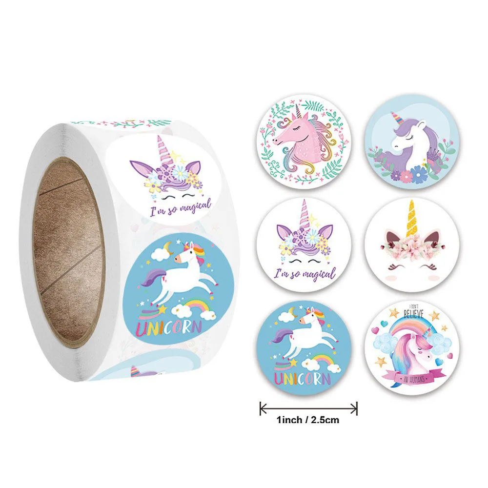 500Pcs/Roll Rainbow Unicorn Flying Horse Themed Stickers 2.5cm/1.0in Round Reward Sticker Gift Sealing Holiday Decorative Labels