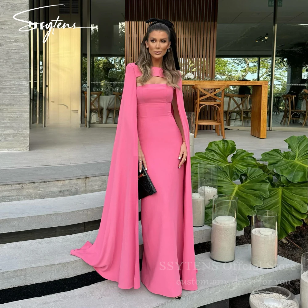 

Modern Pink Prom Dress Strapless With Long Cape Robes De Soirée Satin Women Elegant Formal Party Evening Gown Vestidos De Gala