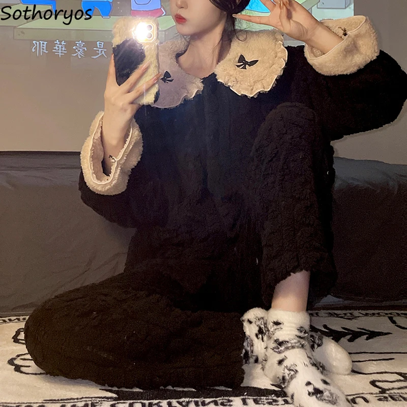 

Coral Fleece Pajama Sets Women Winter Thicken Warm Panelled Sleepwear Home Cozy Soft Ulzzang Girlish Lounge Sweet Comfortable