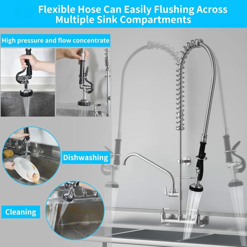 Commercial faucet, wall-mounted kitchen sink faucet with pull-down pre-rinse sprayer and swinging nozzle for cubicle sink