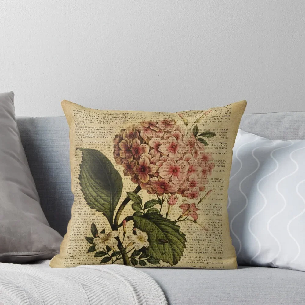 

Botanical print, on old book page - flowers- Hydrangea blossom Throw Pillow Pillows Aesthetic Pillowcases pillow