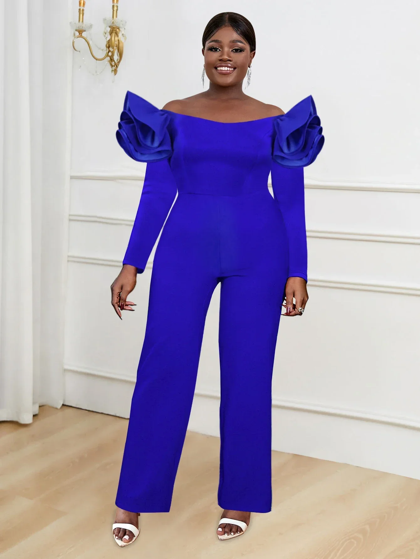 Sexy Off Shoulder Jumpsuit Women Elegant Blue Flutter Long Sleeve Straight Wide Leg Rompers Formal Celebrate Party Clothing New