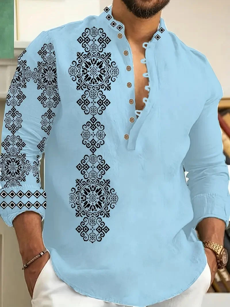 Men's Long Sleeve Clothing Fashion Men's Casual Loose Button Printed Shirt Long Sleeve Men's Hawaiian Shirt